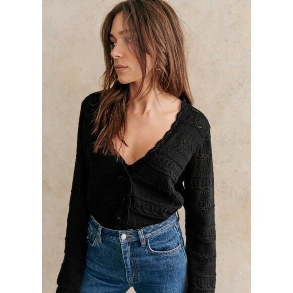 Sezane Sweaters - LA MAILLE SEZANE Keyla Black Cardigan Sz Sm Crochet Knit EUC 100% Organic Cotton